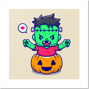 Cute Frankenstein With Pumpkin Halloween Cartoon Posters and Art